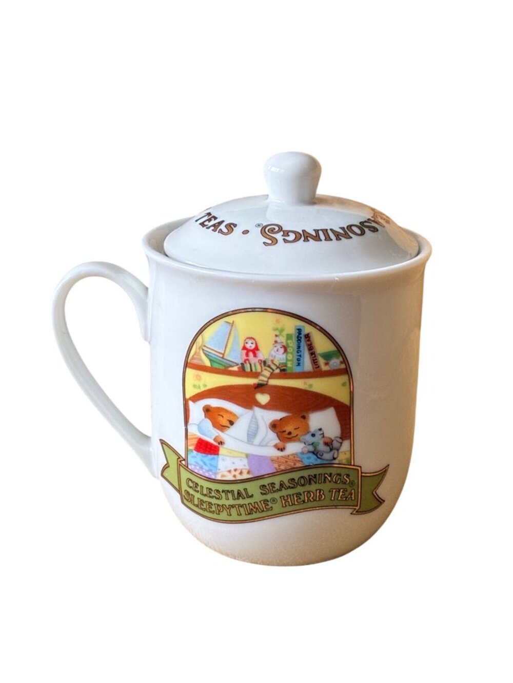 VTG Celestial Seasonings Sleepytime Herb Tea Mug, Lid Teddy Bear Cubs Japan 1985